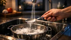 Trik z łyżką, który błyskawicznie spłukuje pianę z durszlaka