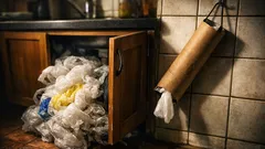 Prosty organizer na reklamówki z tuby po folii, który oszczędza miejsce w kuchni